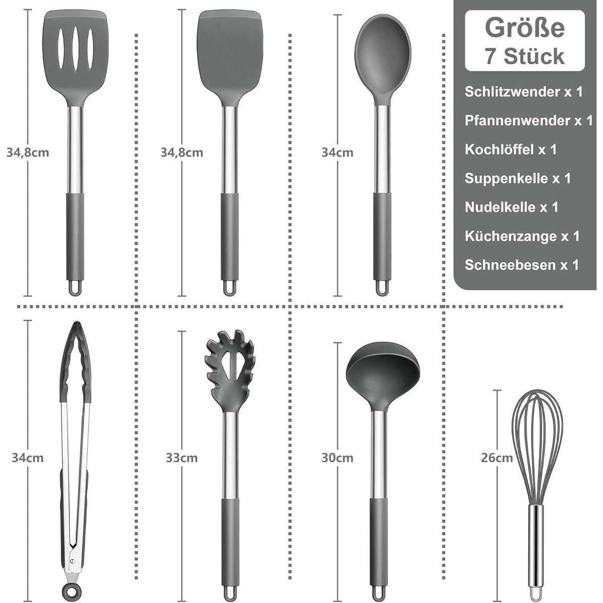 Küchenhelfer Set 7-teilig Silikon, Grau, Hitzebeständig, Antihaft