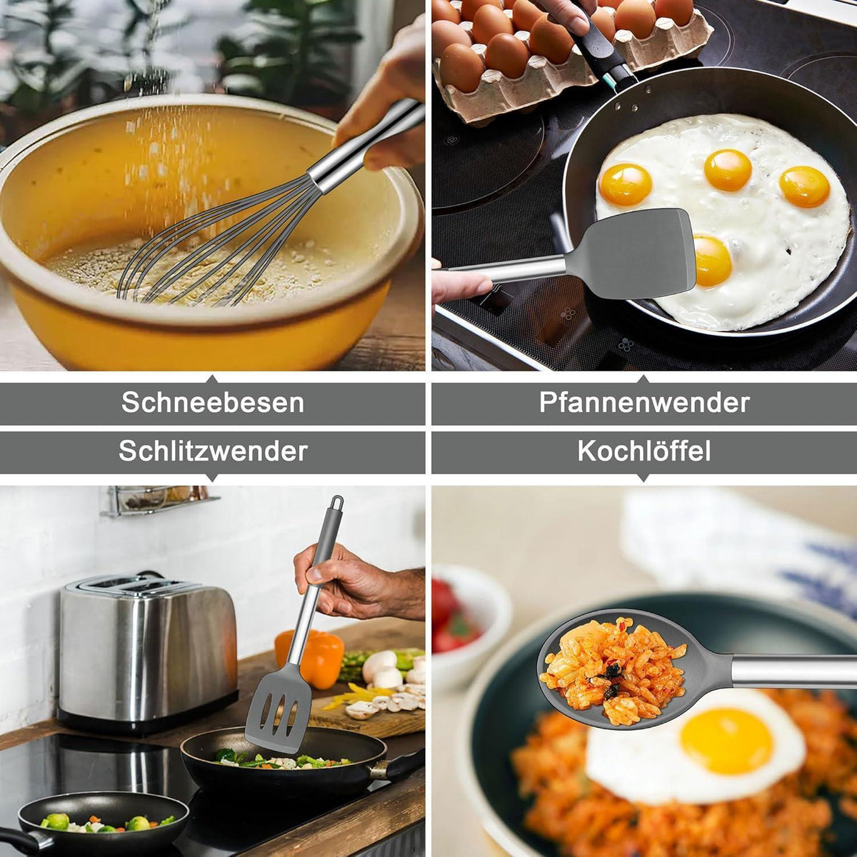 Küchenhelfer Set 7-teilig Silikon, Grau, Hitzebeständig, Antihaft