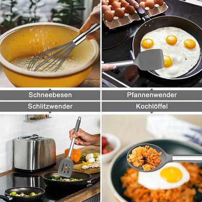 Küchenhelfer Set 7-teilig Silikon, Grau, Hitzebeständig, Antihaft