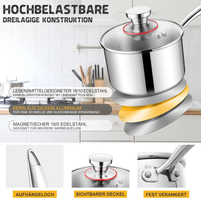 Joyfair Stielkasserolle 14cm Premium Edelstahl Milchtopf Induktion 1,2 Liter Langer Griff