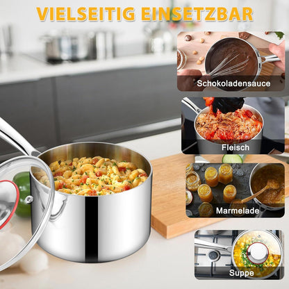 Stielkasserolle 14cm Edelstahl 3-Lagig Induktion mit Deckel 1,2L