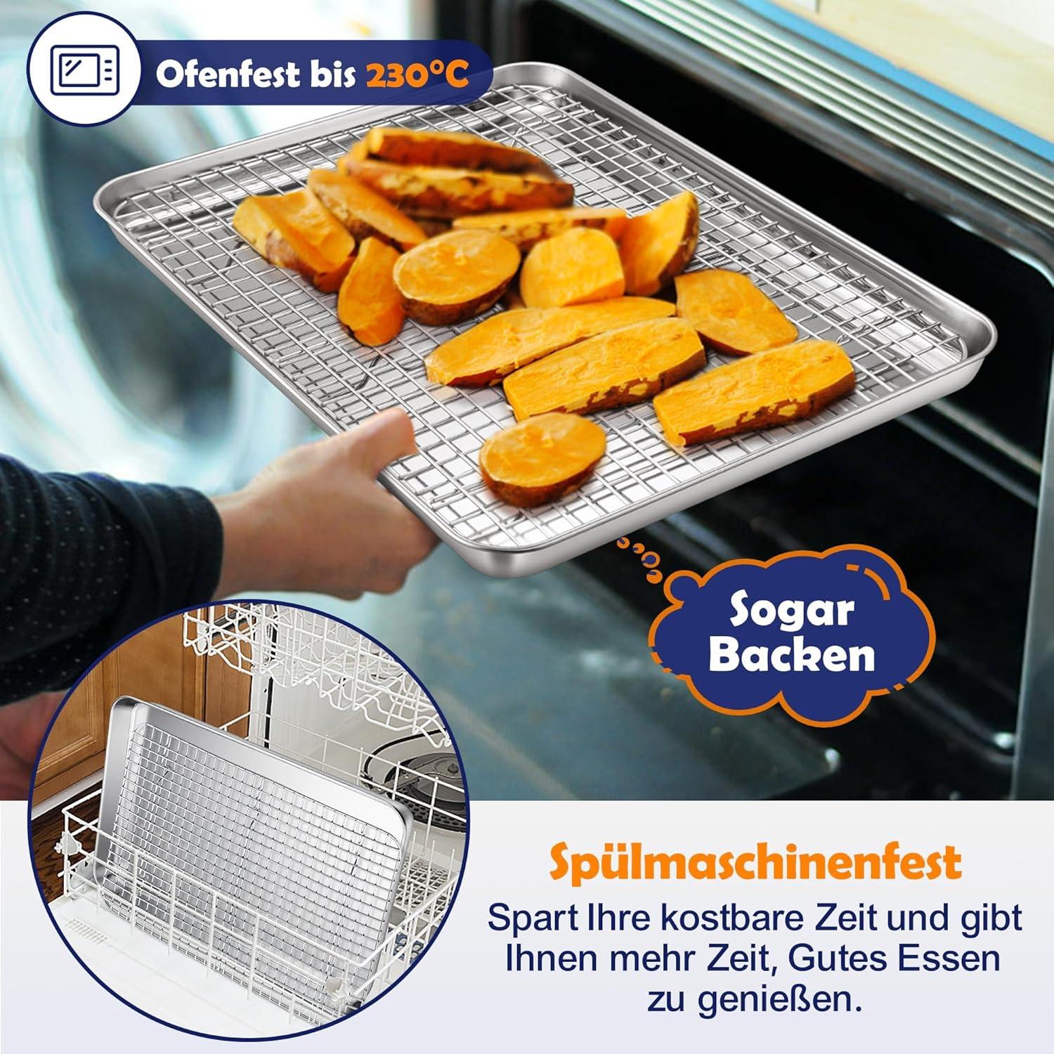 Großes Kuchenblech Edelstahl mit Abkühlgitter Set, 40,5x30,5x2,5cm