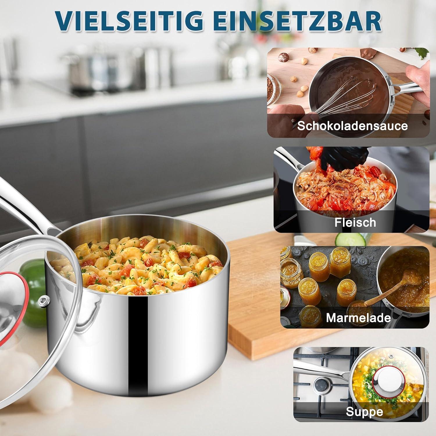 Stielkasserolle Premium 3-Lagiger Edelstahl Milchtopf 18cm Induktion