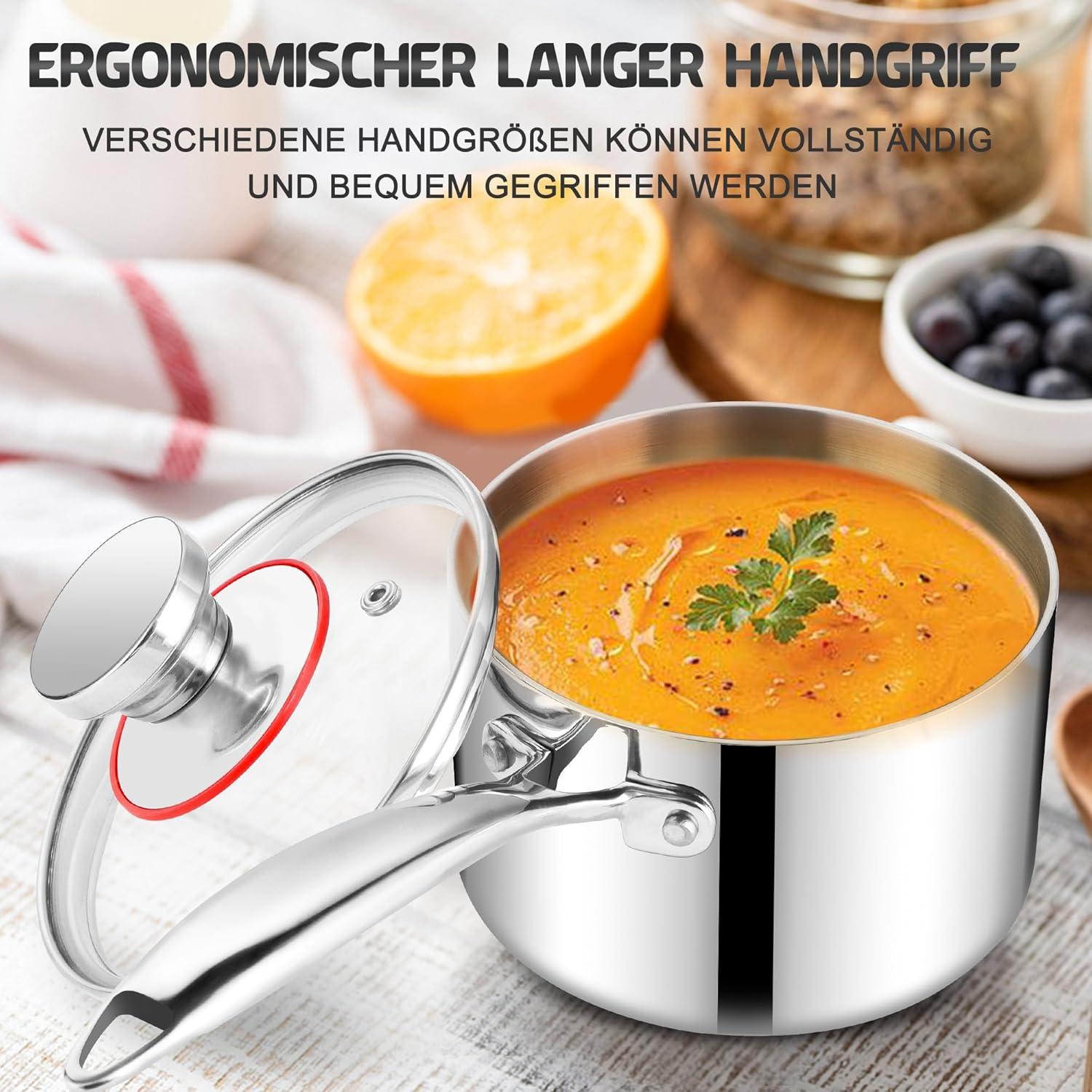 Joyfair Stielkasserolle 18cm 3-Lagiger Edelstahl Milchtopf 2,5L Induktion