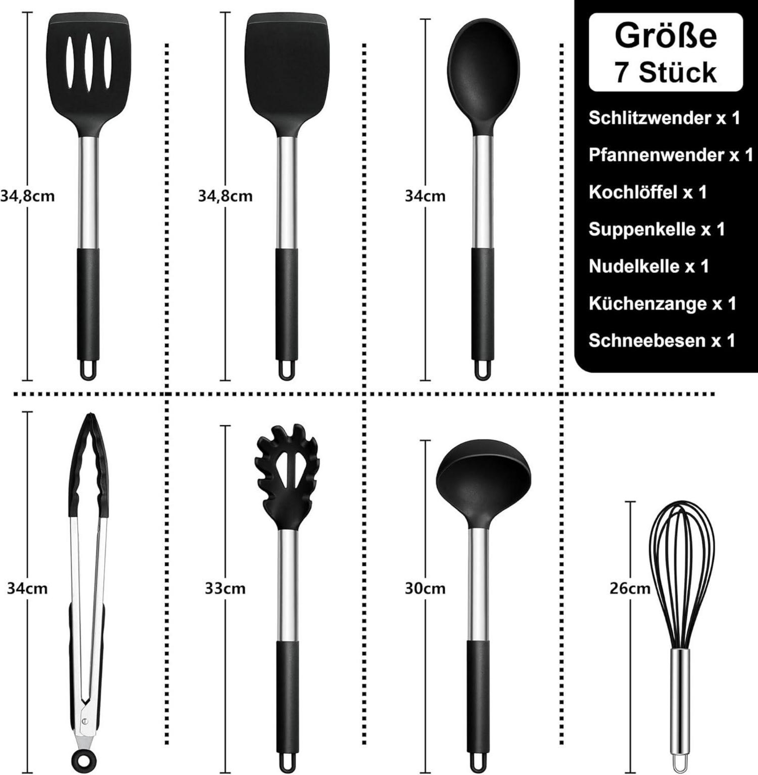 Schwarzes Silikon Küchenhelfer Set, 7-teilig, Hitzebeständig