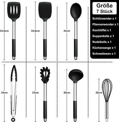 Schwarzes Silikon Küchenhelfer Set, 7-teilig, Hitzebeständig