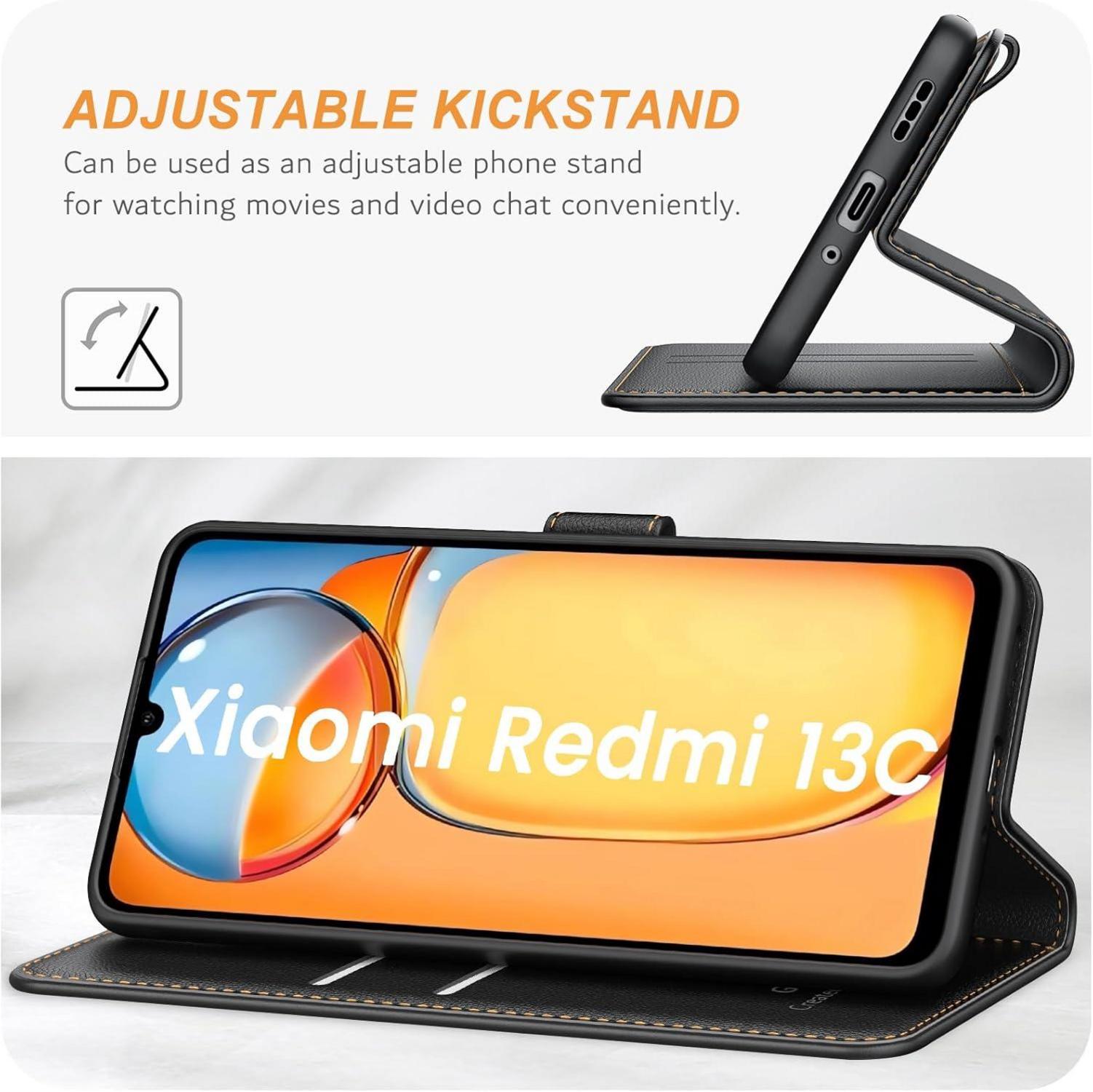 Xiaomi Redmi 13C Hülle Schwarz Leder Klapphülle Kartenschlitzen Magnetverschluss