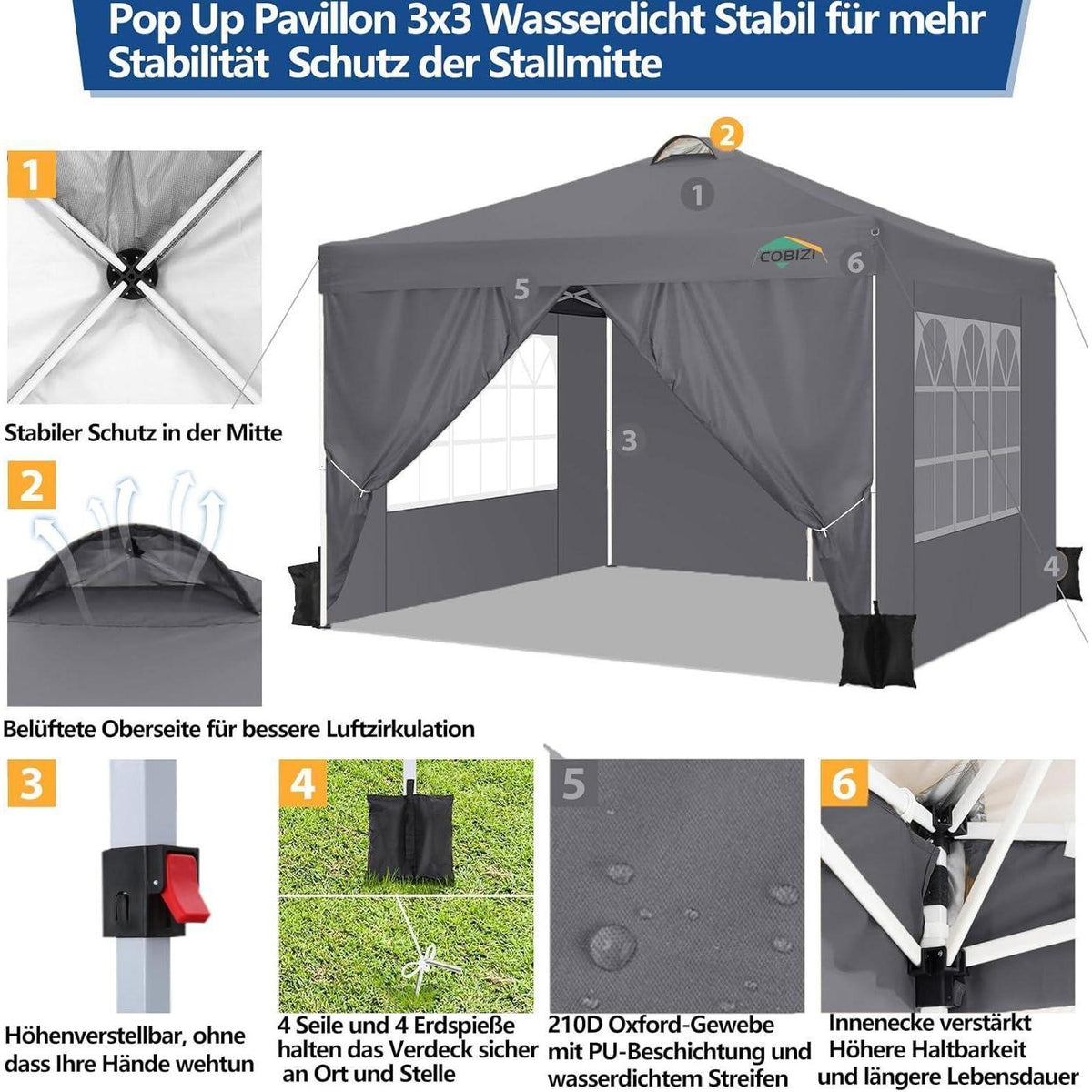3x3m Faltpavillon wasserdicht & winterfest mit Seitenteilen