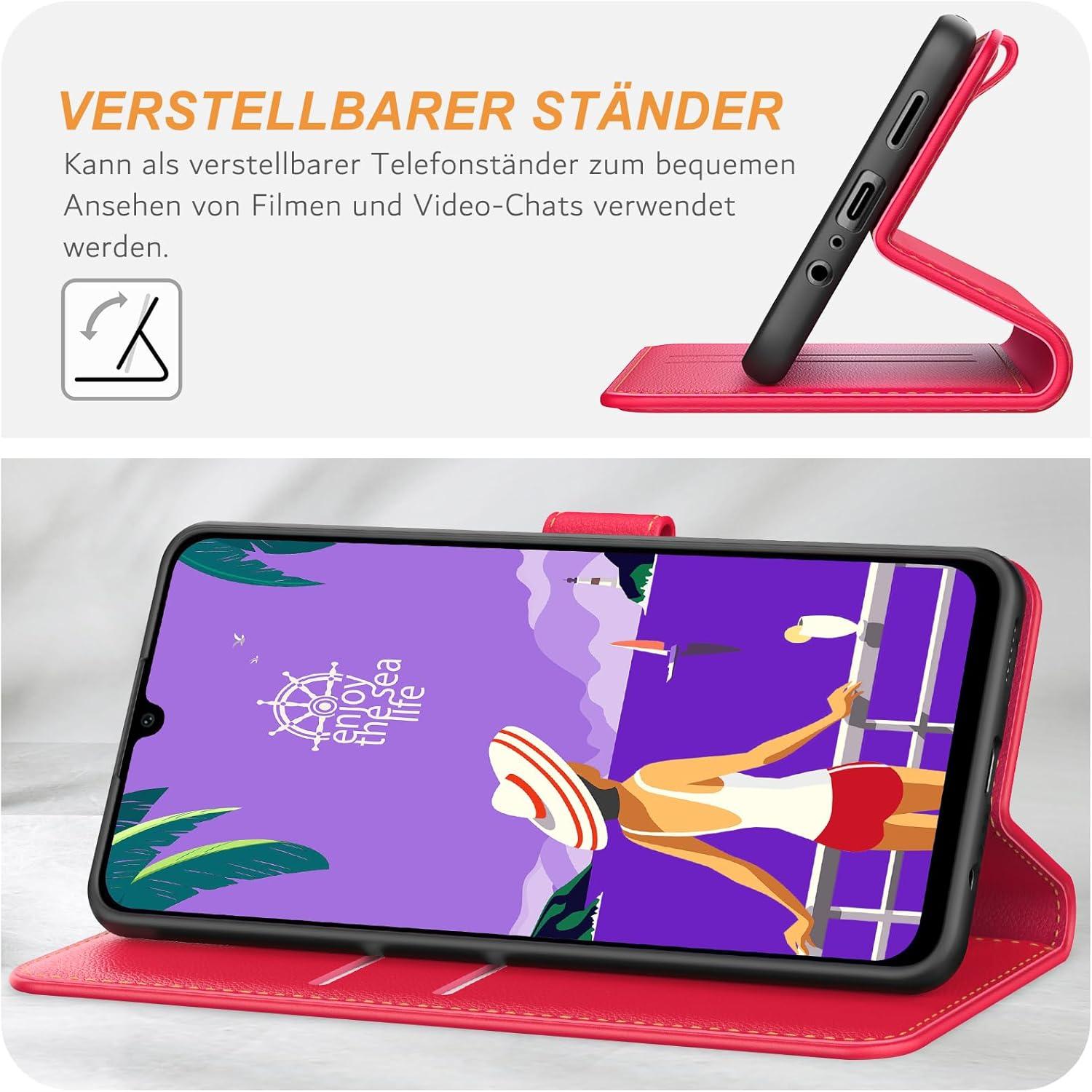 Samsung Galaxy A25 5G Handyhülle Leder Klapphülle Rot mit Kartenschlitzen