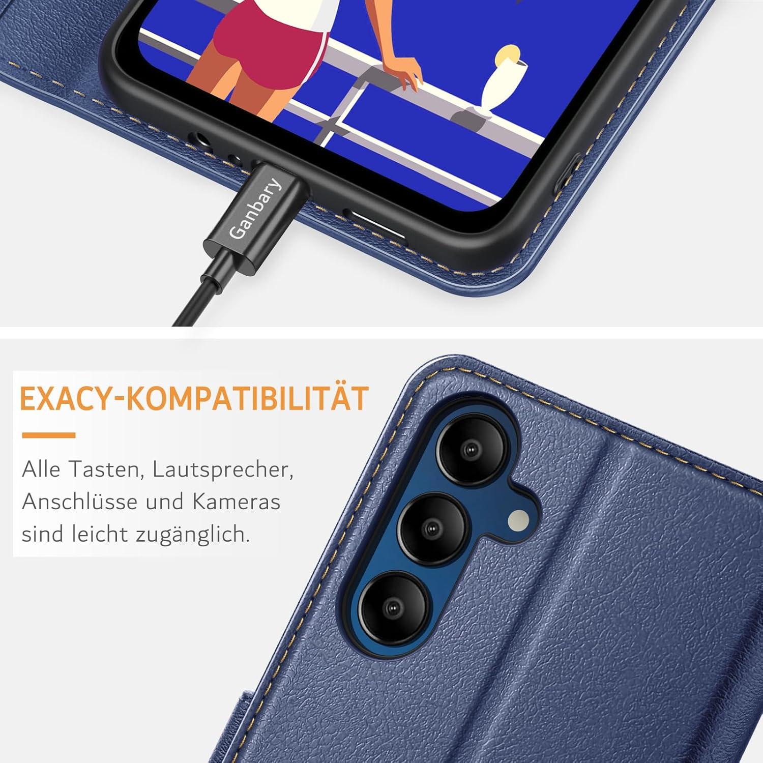 Samsung Galaxy A15/A15 5G Handyhülle Leder Klapphülle Blau mit Kartenschlitzen