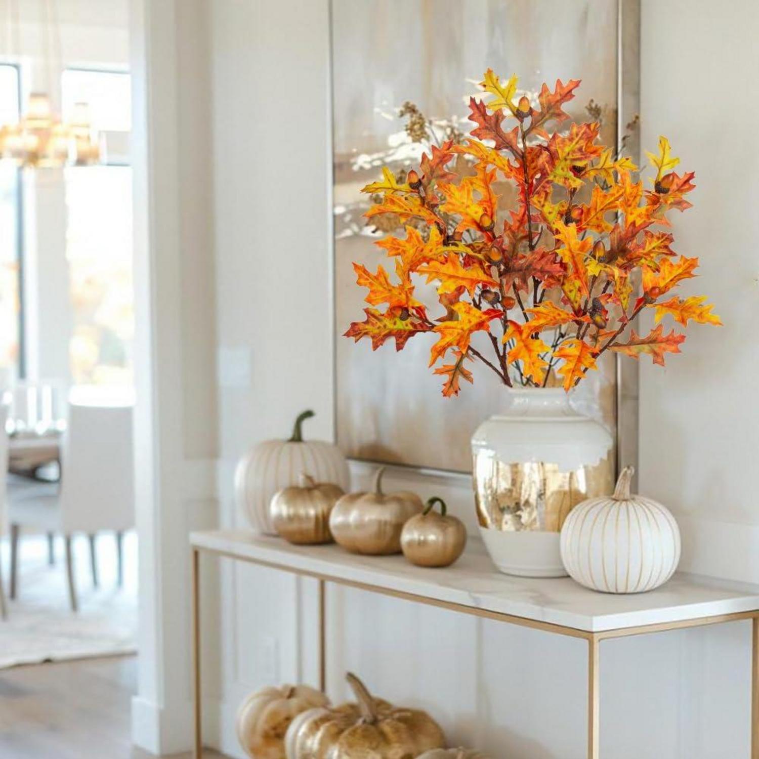 Herbstliche Künstliche Eichenblätter Stiele 3er Set Orange Gelb