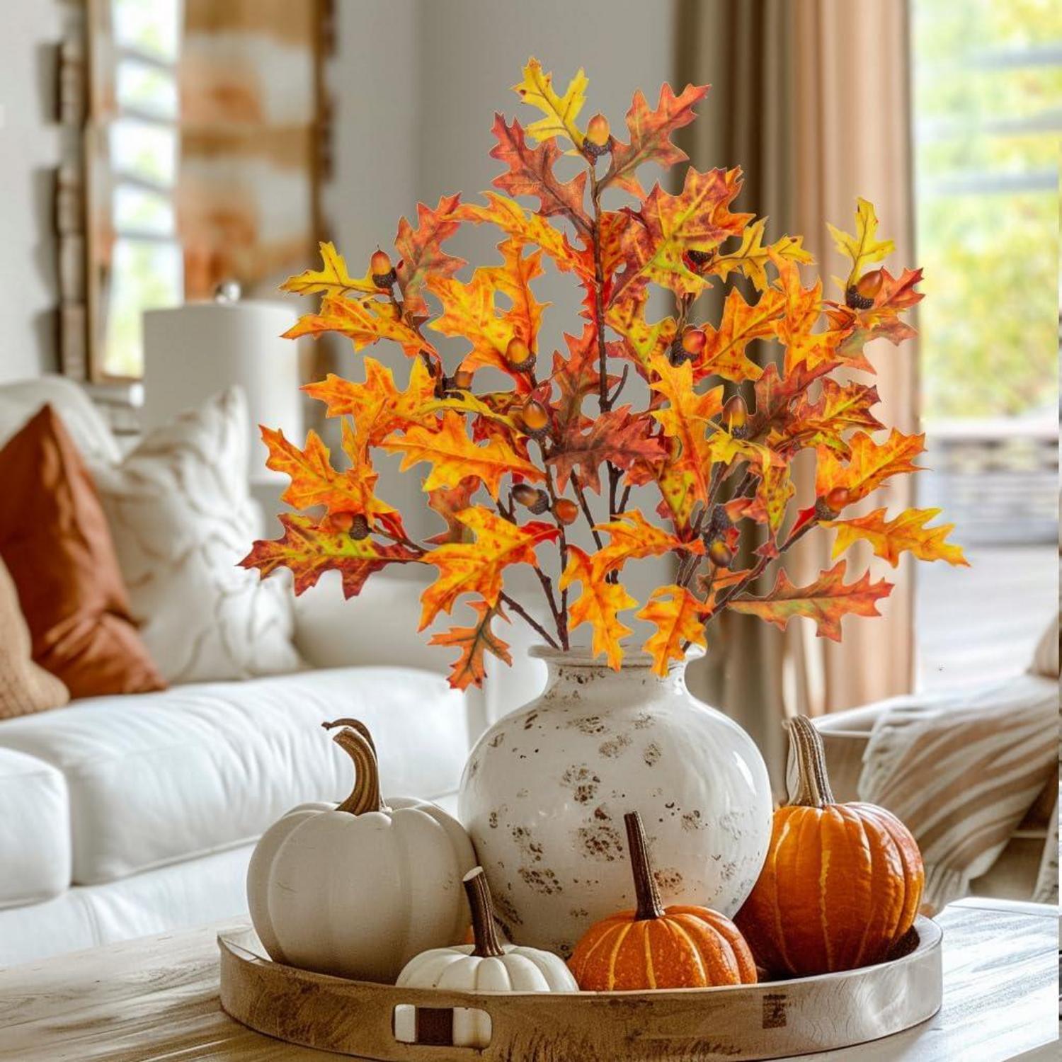 Künstliche Eichenblätter Stiele Herbst Dekoration Orange Gelb 3er-Set