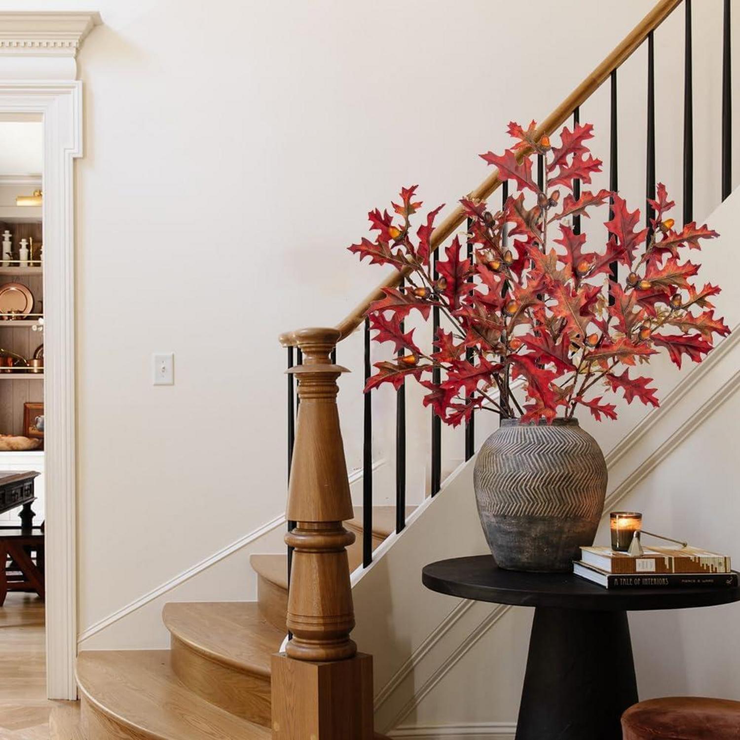 Künstliche Eichenblätter Stiele Herbstliche Kunstzweige Eicheln Dunkelrot