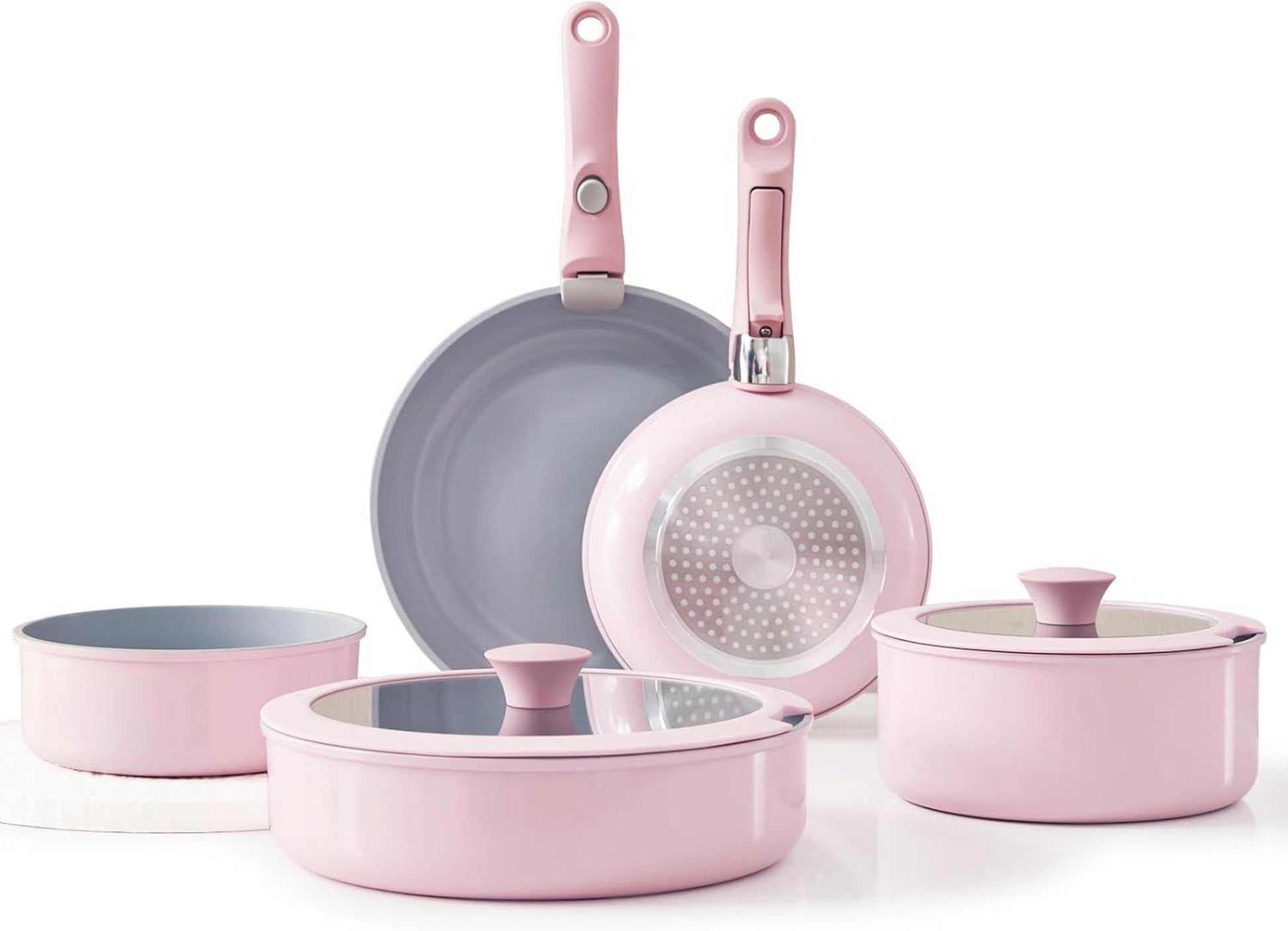 9-teiliges Florosa Keramik Topfset & Pfannenset, Rosa, stapelbar