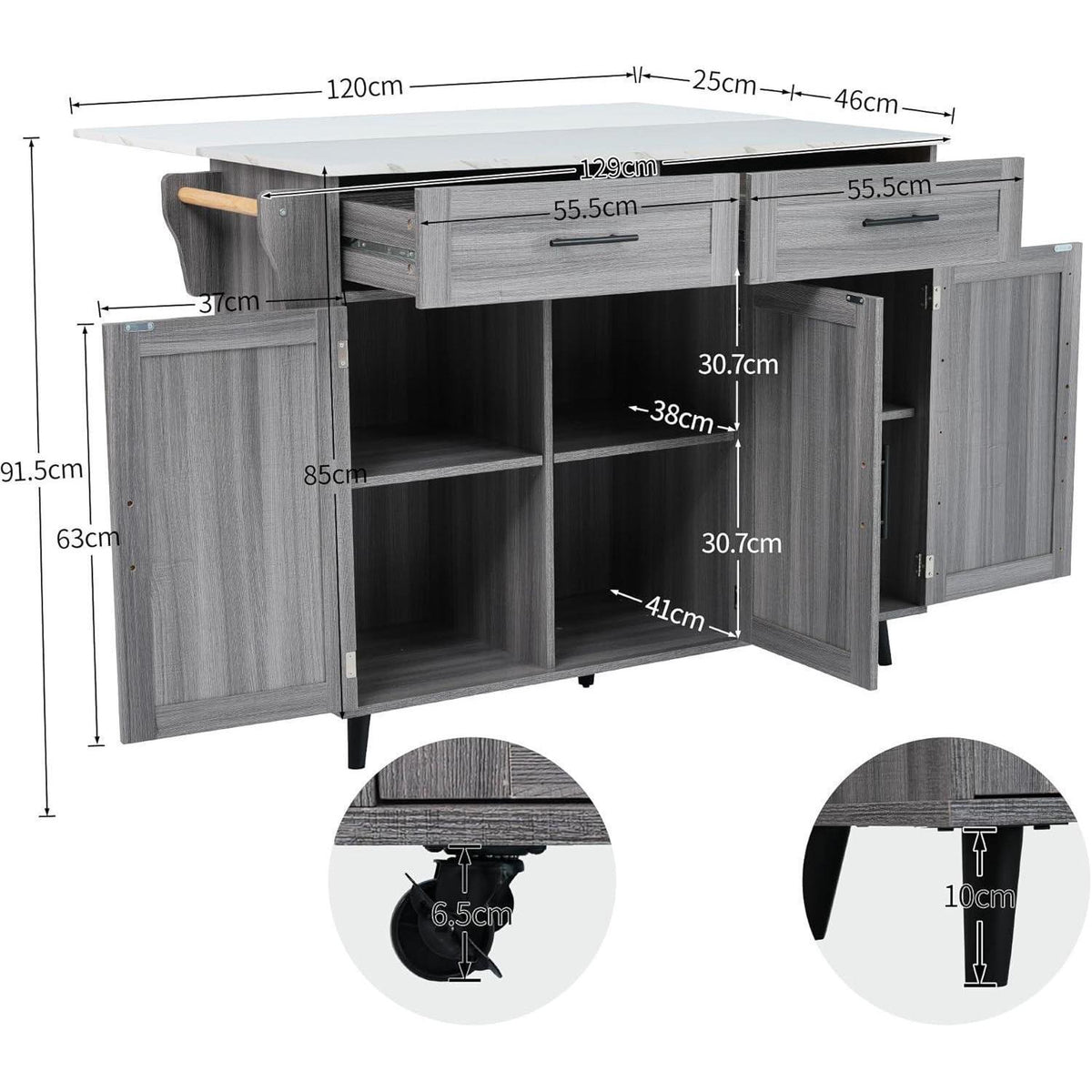 Freistehende Kücheninsel mit Klappplatte & Rollen – Gray
