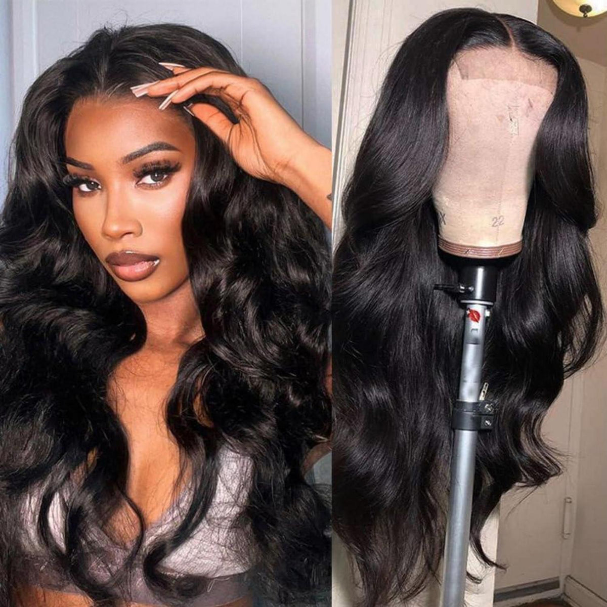 Echthaar Perücke Body Wave mit Spitze Front 45cm Schwarz