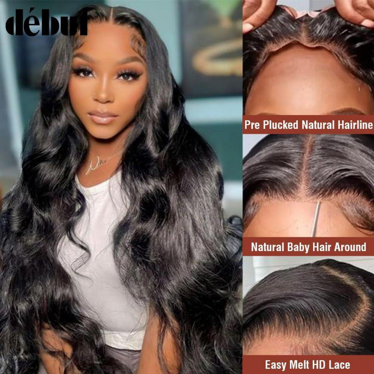 Echthaar Perücke Body Wave mit Spitze Front 45cm Schwarz