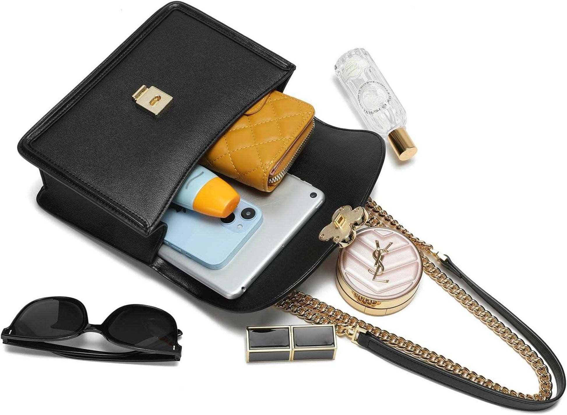 Damen Crossbody Umhängetasche Schwarz Leder Metallketten Haptik