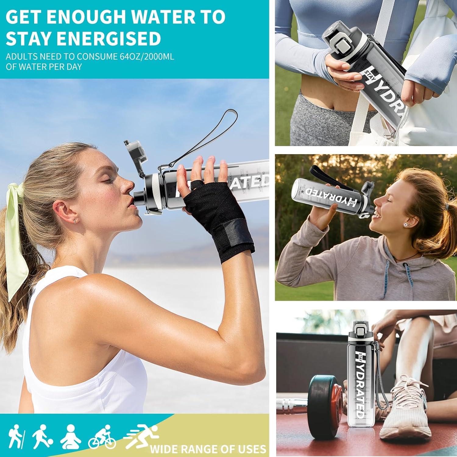 Mevoly Trinkflasche 1L Auslaufsicher BPA-Frei Tritan Sport Zeitmarkierung Schwarz