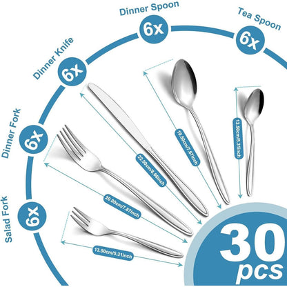 30-teiliges Besteckset für 6 Personen, Edelstahl, spülmaschinenfest