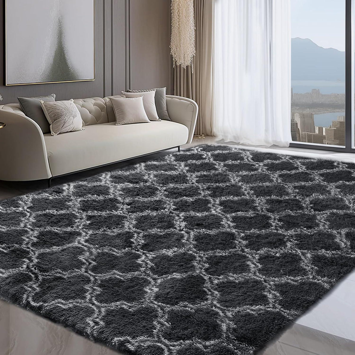 Hochflor Teppich Grau 240x300 – Flauschiger Wohnzimmerteppich Anti-Rutsch