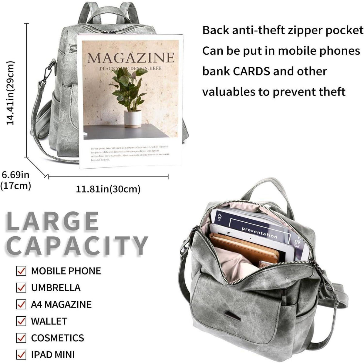 Damen Rucksack 3-in-1 wasserdicht, leicht, grau