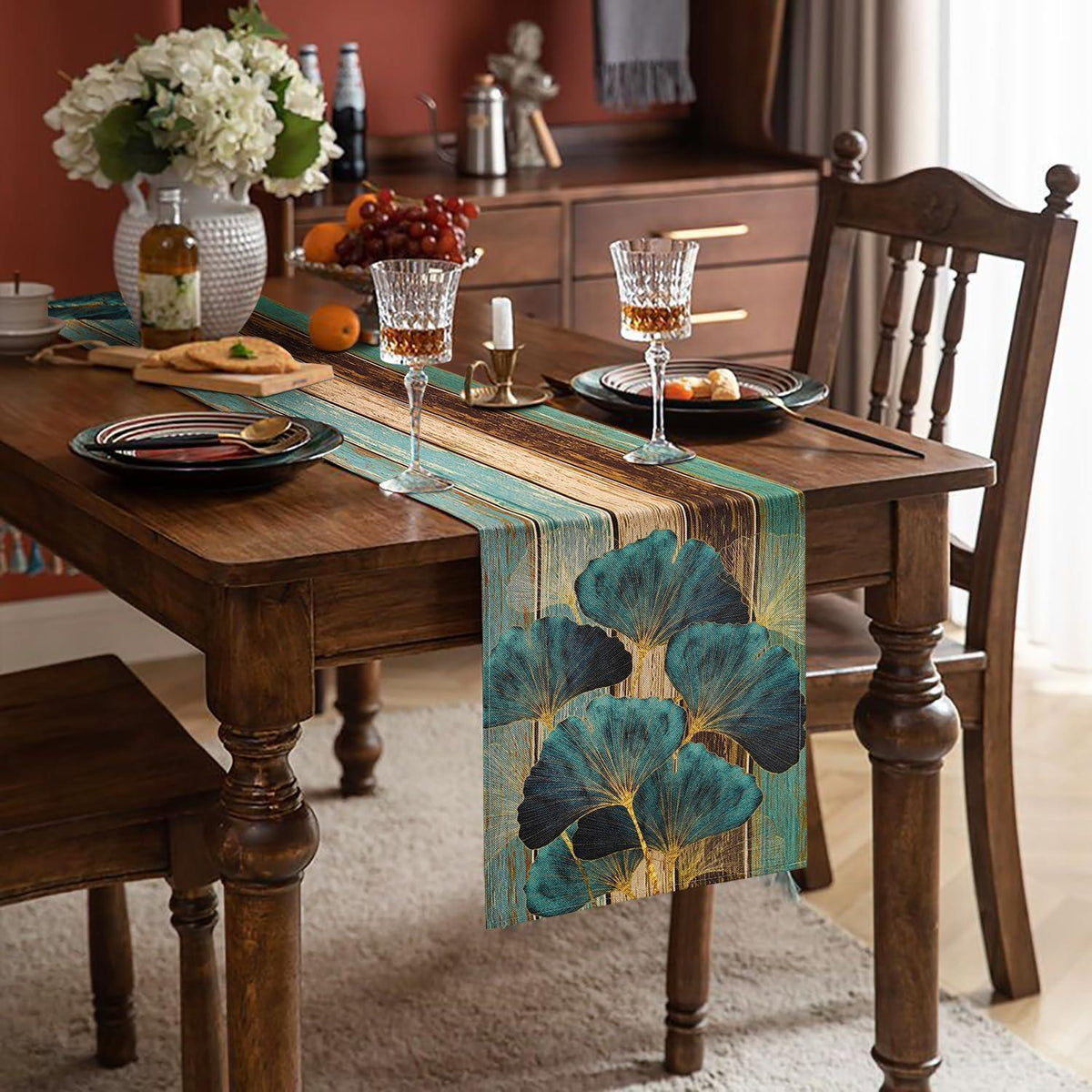 Tischläufer Grün 33x183cm Leinenoptik Landhausstil Blätter Ginkgo