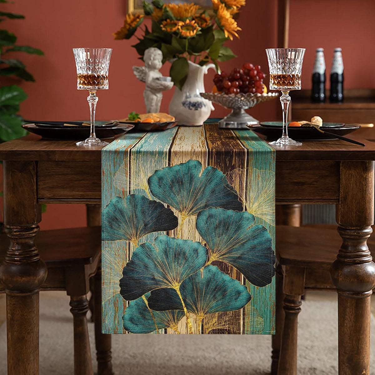 Tischläufer Grün 33x183cm Leinenoptik Landhausstil Blätter Ginkgo