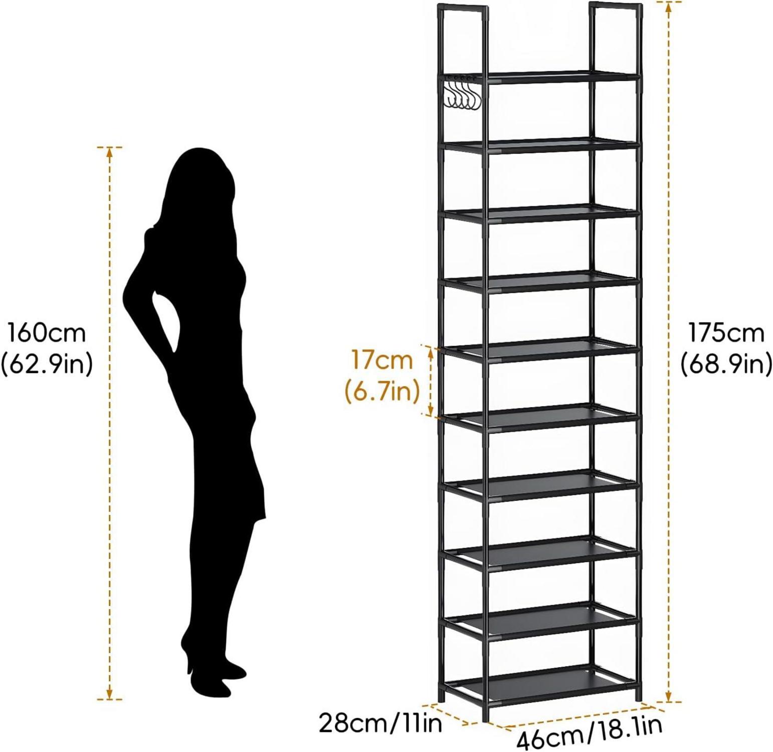 10-Ebenen Schuhregal für 20-25 Paar Schuhe schmal hoch Schwarz