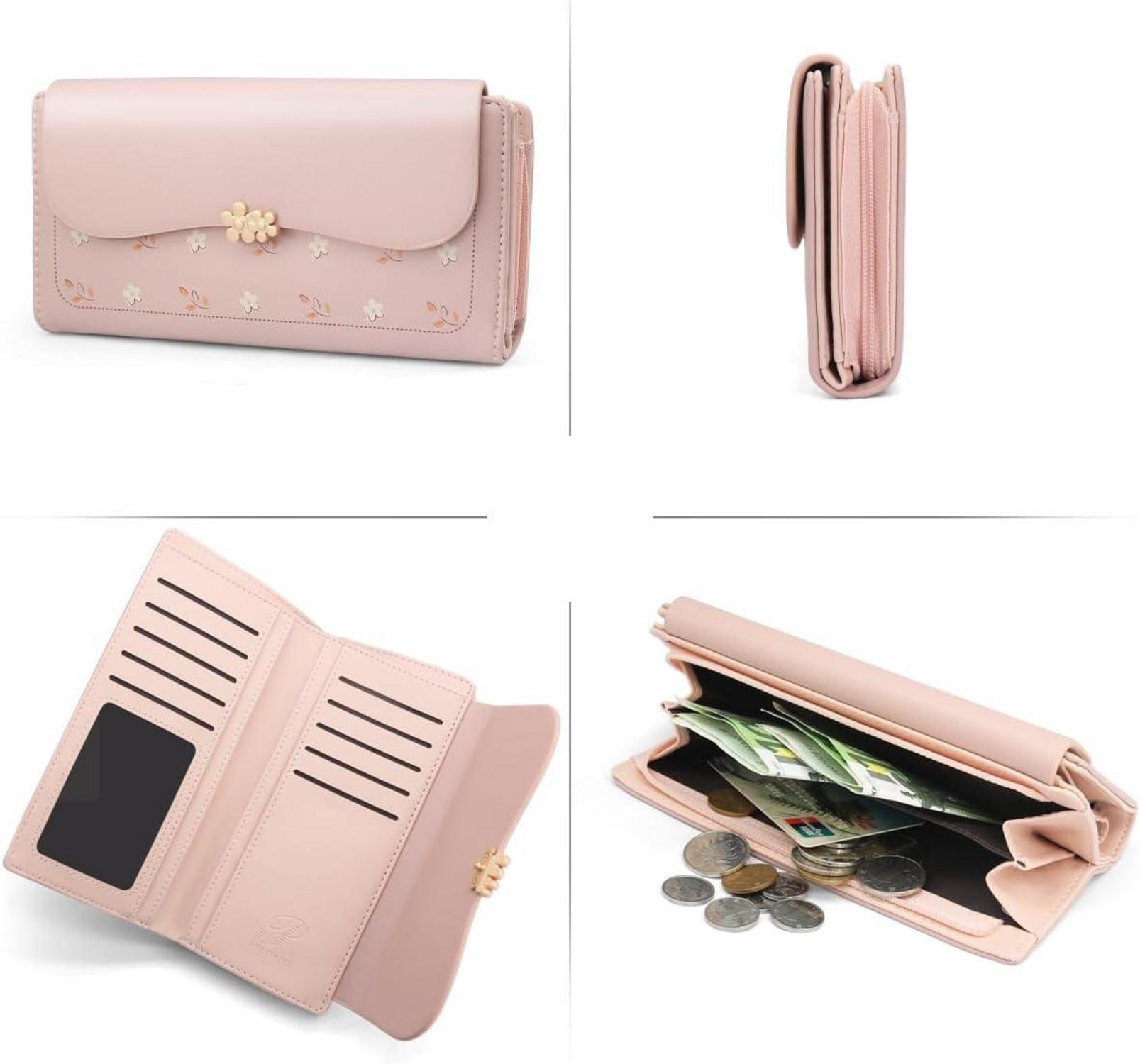 Damengeldbörse Groß PU Leder Viele Fächer Zipper Münzfach Rosa