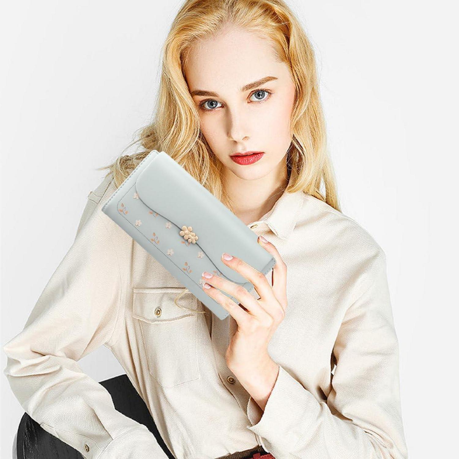 Damen Geldbörse Groß mit 10 Kartenfächer Münzfach Zipper L-blau