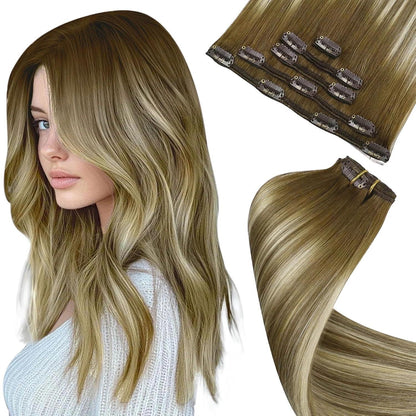 Clip-in Echthaar Extensions Balayage Braun Dunkelbraun Blond
