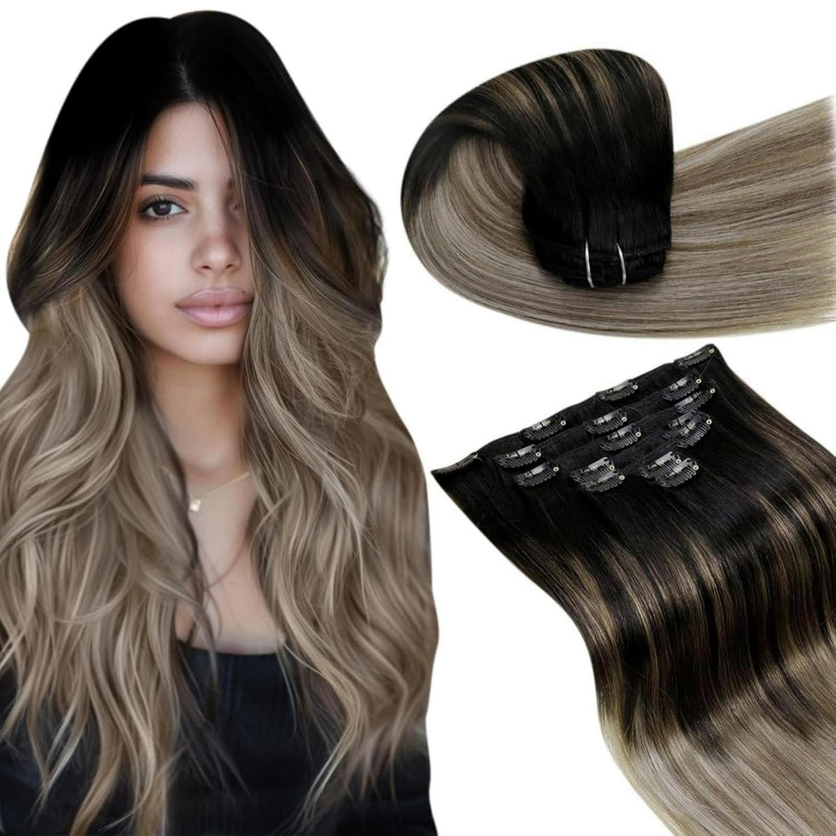 Echthaar Clip-in Extensions Ombre Schwarz-Hellbraun