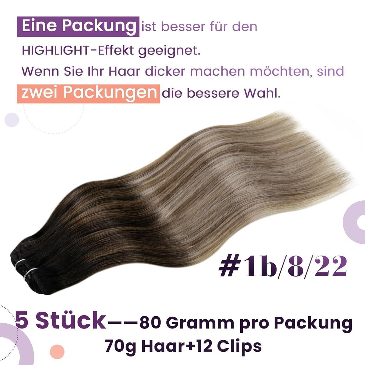 Echthaar Clip-in Extensions Ombre Schwarz-Hellbraun