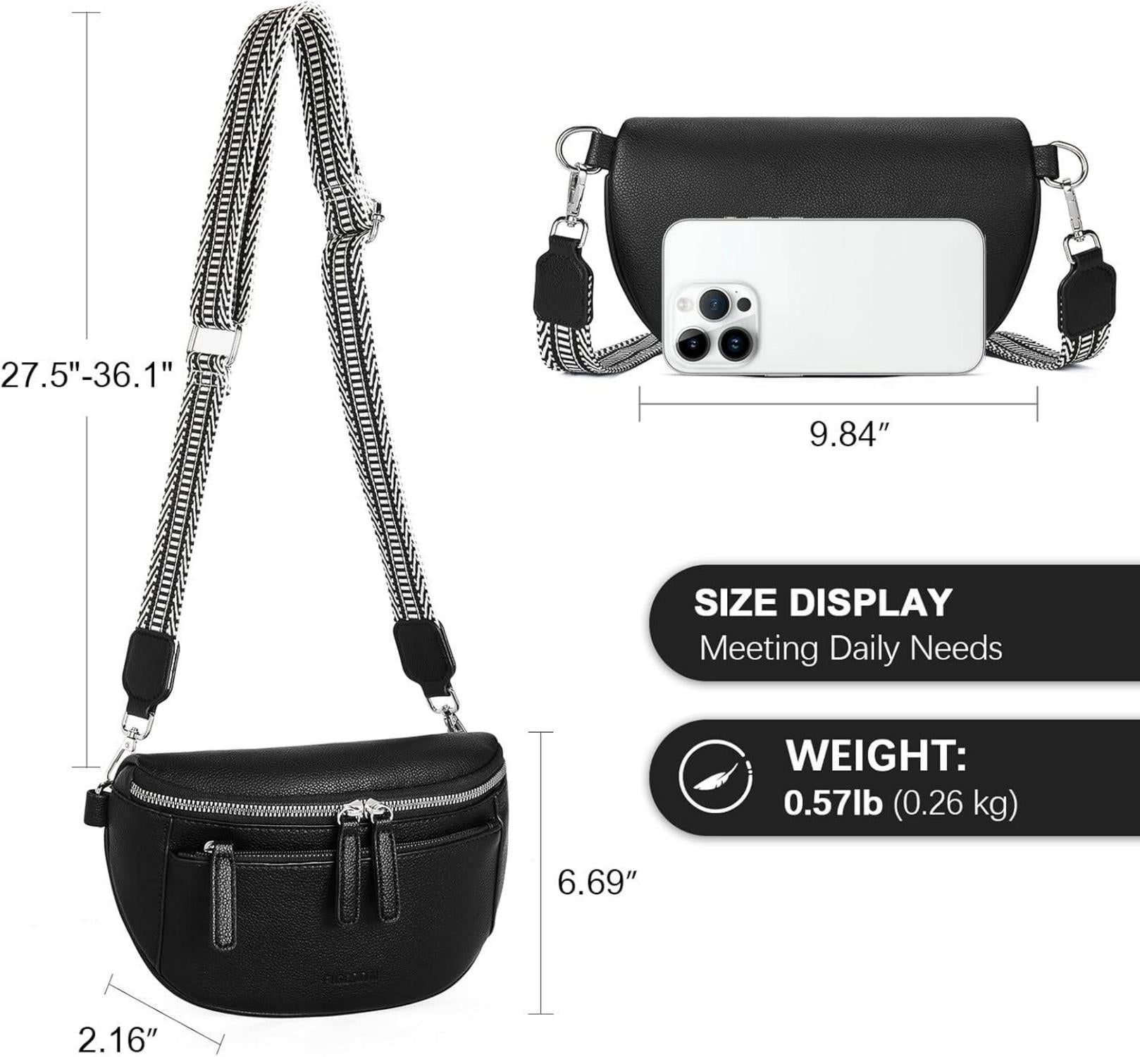 Schwarze Damen Bauchtasche PU Leder verstellbarer Crossbody Bag