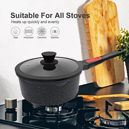 Stielkasserolle 20cm mit Deckel, 2.5L Antihaft Aluguss Schwarz