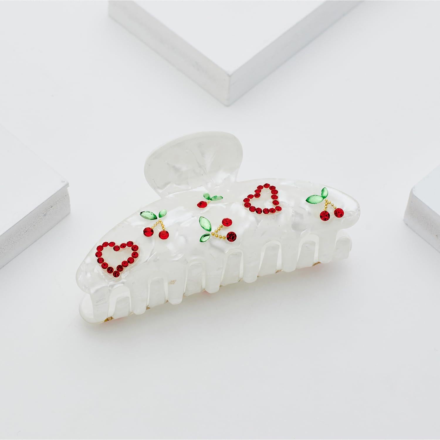 Haarclip mit Kirschen & Herzen, Haarklammer in Weiß mit Strassverzierung, stabile Haarspange für Damen