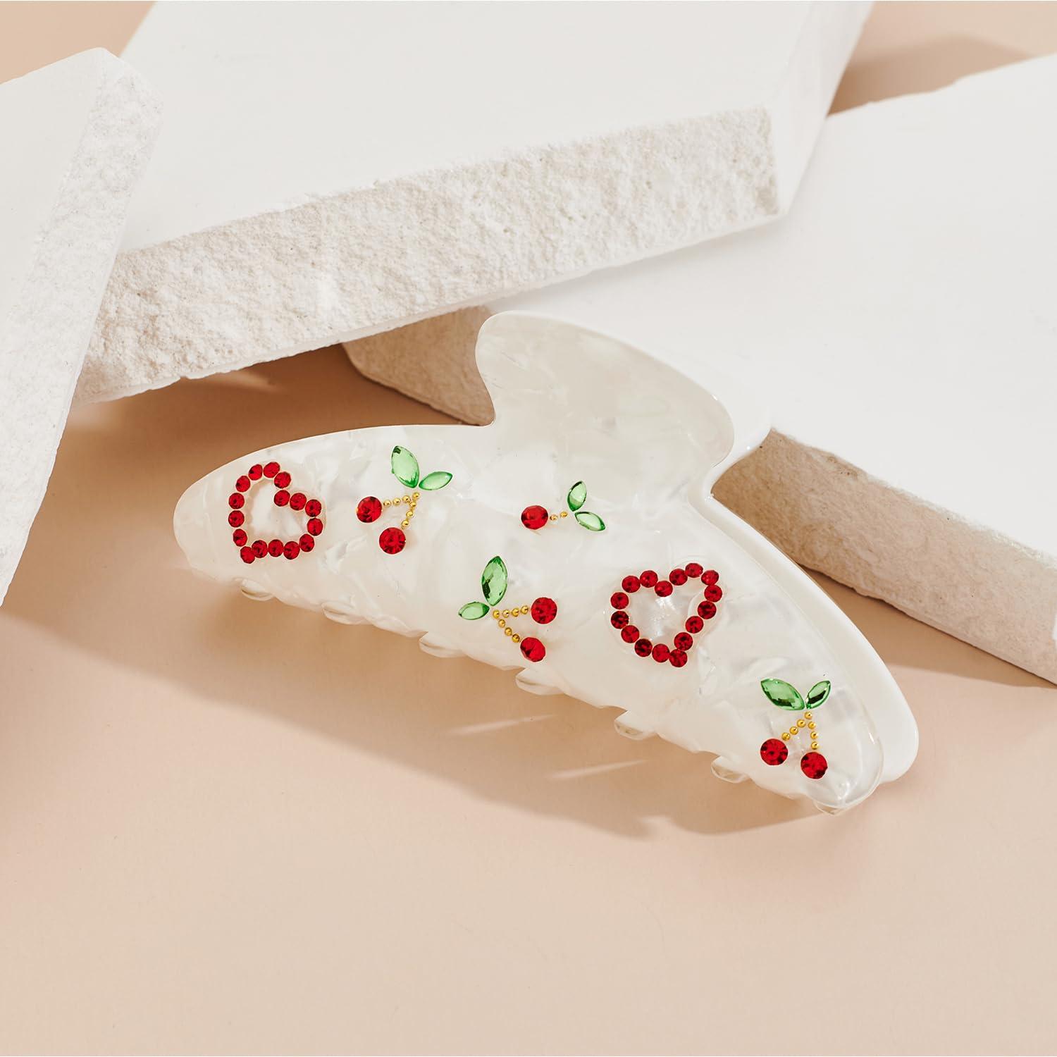 Haarclip weiß Kirschen Herzen Strass Damen Haarspange