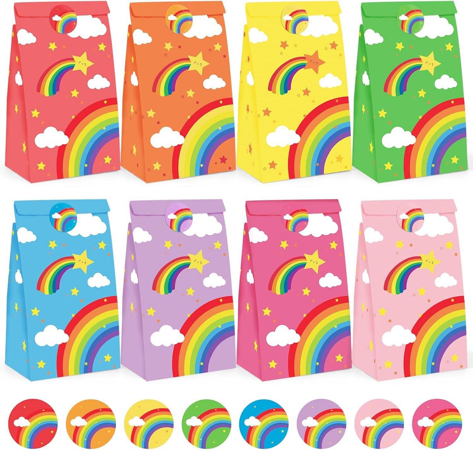 24er Set Regenbogen Partytüten mit Aufkleber Kraftpapier