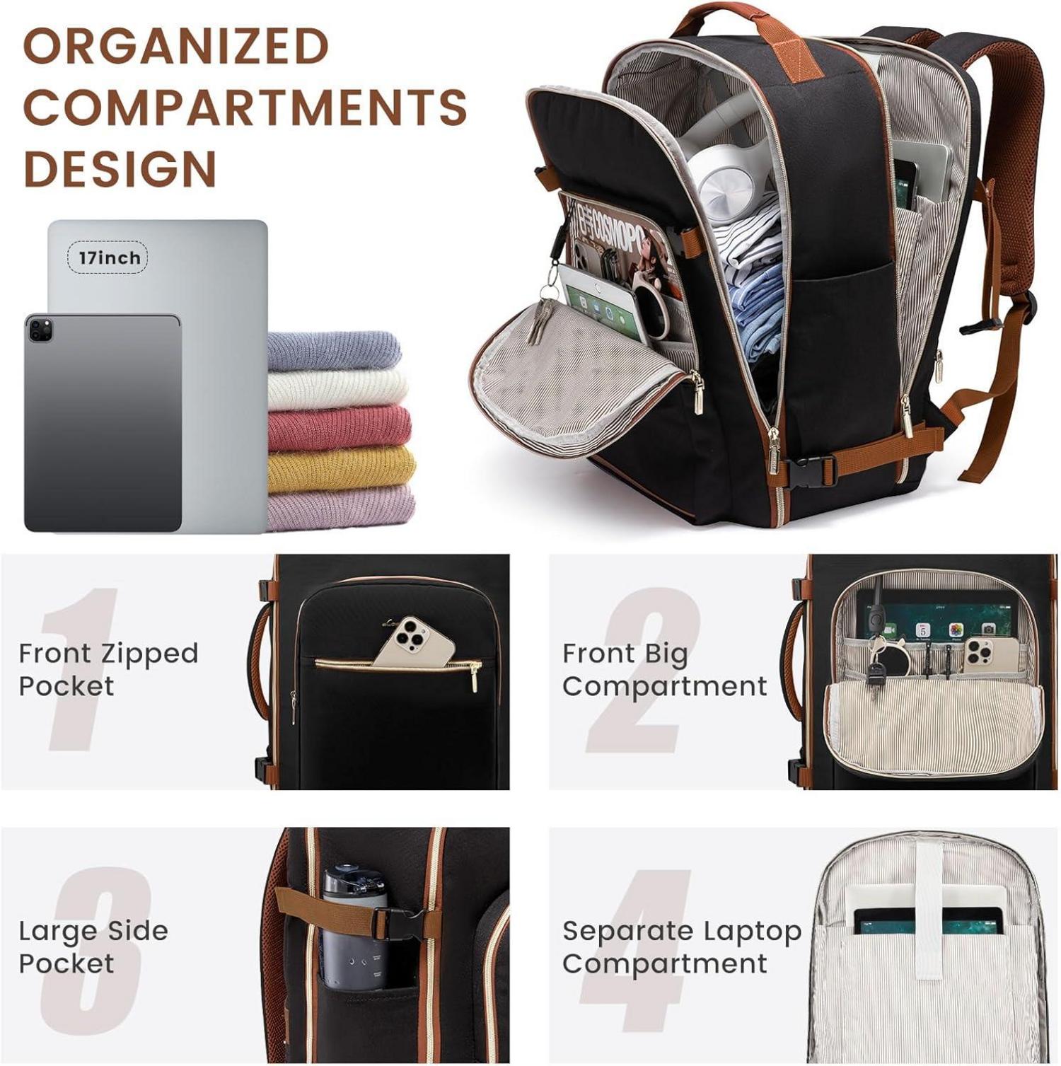 Handgepäck Rucksack 40L Reisetasche Damen Laptop Wandern Schwarzbraun