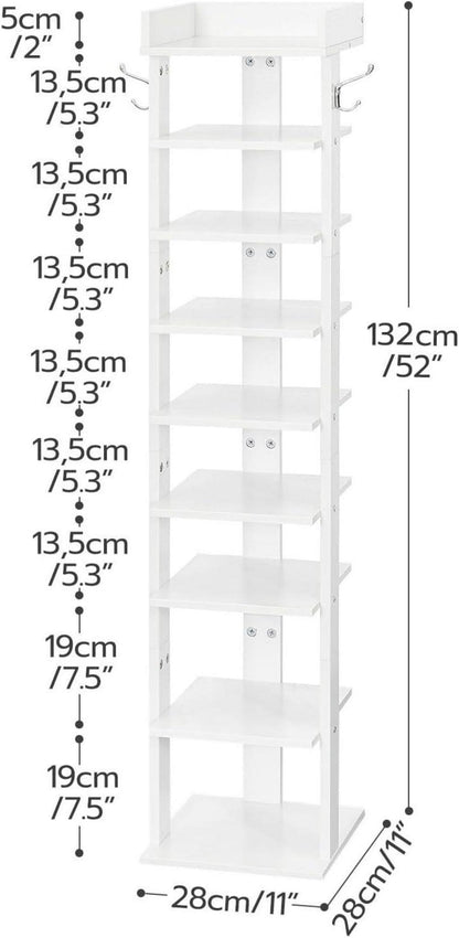 HOOBRO Schuhregal 9-lagig schmal mit Zaun und Haken Weiß 28 x 28 x 132 cm