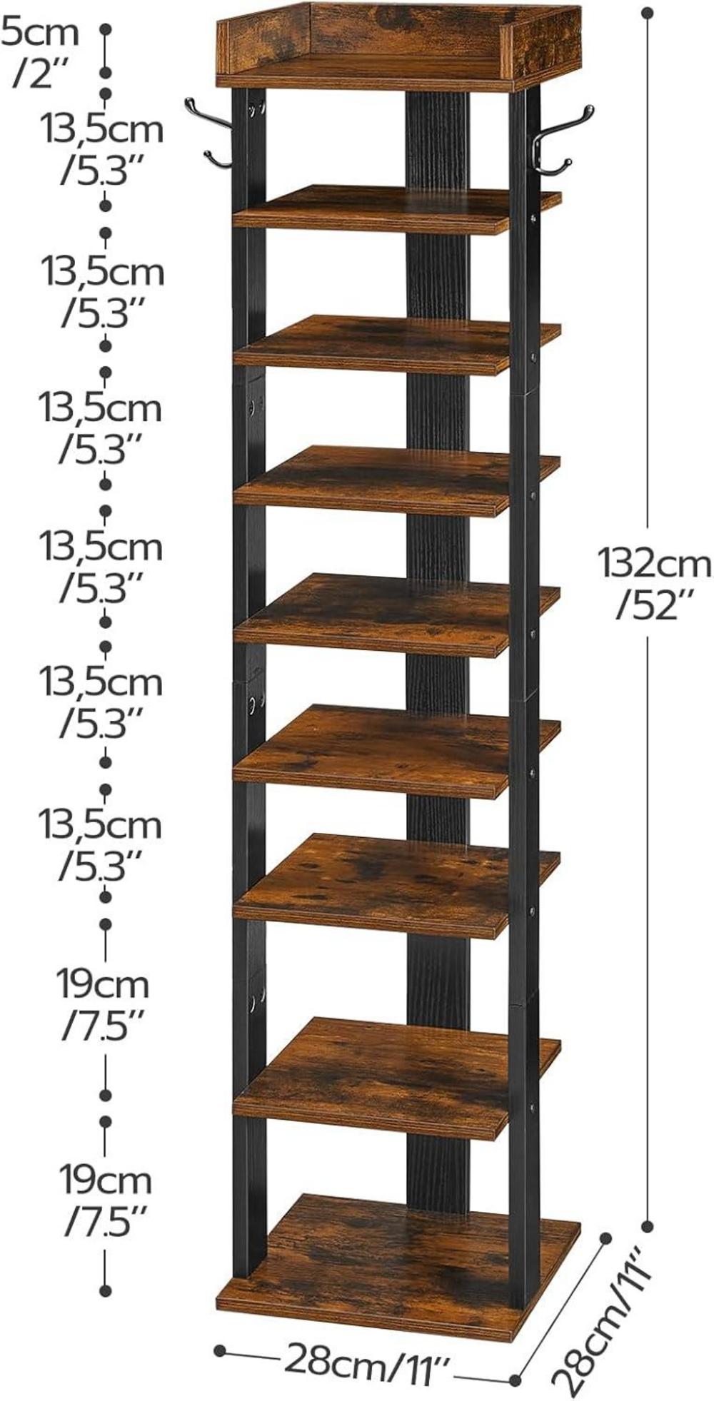 HOOBRO Schuhregal 9-lagiges Schuhschrank Dunkelbraun-Schwarz 28x28x132 cm