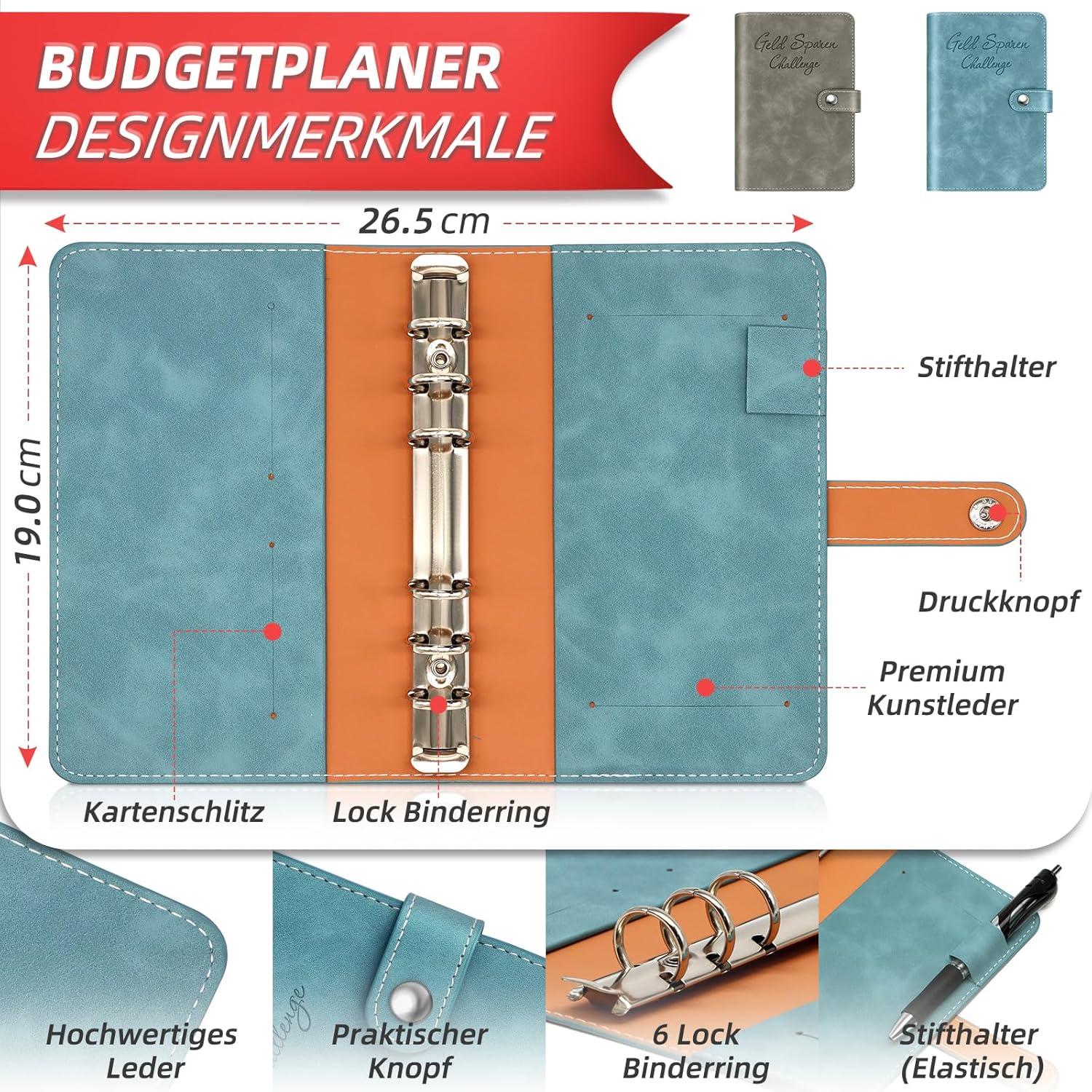 Budget Planner Buch mit 8 Spar Challenges (24er Set) Haushaltsbuch A6 Leder