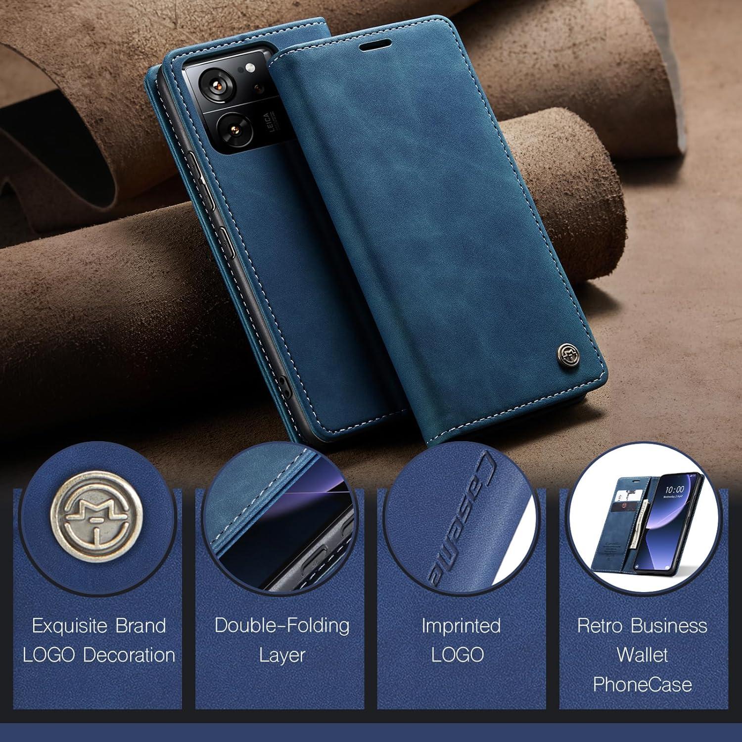 Xiaomi 13T Pro Handyhülle Leder Klappbar Blau Magnet Standfunktion