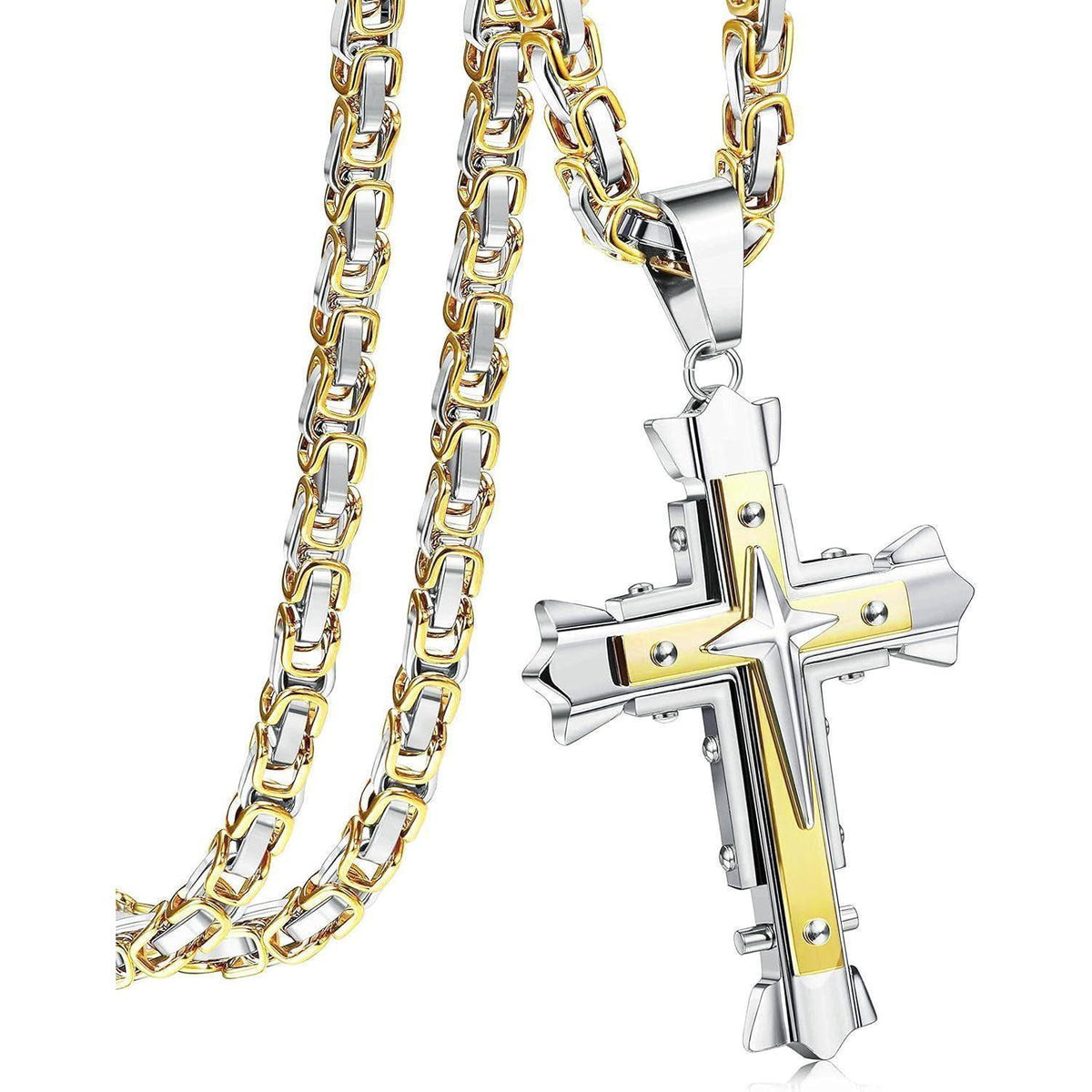 Herren Kreuz Kette Edelstahl Byzantinisch 61cm Gold Schwarz