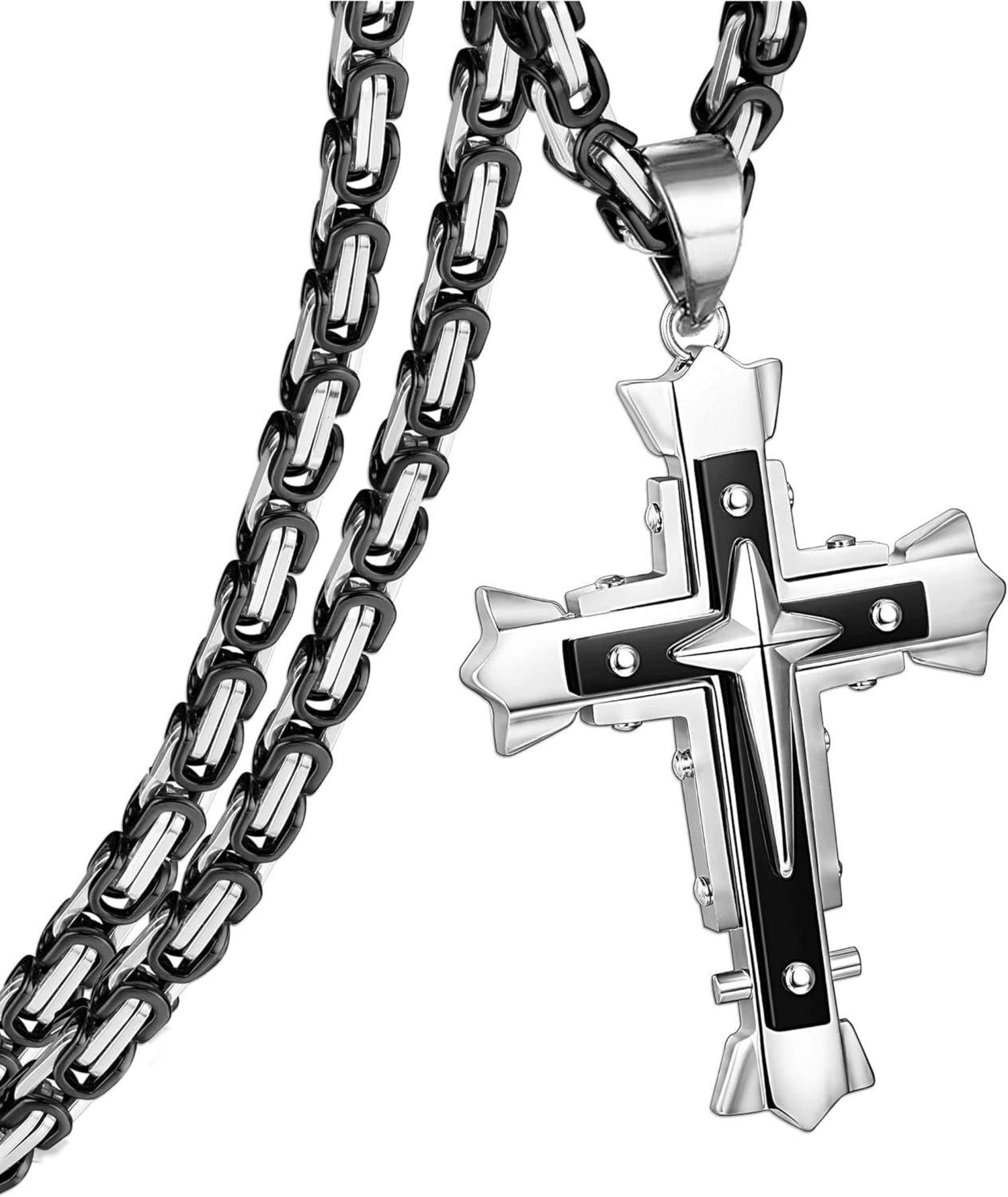 Kreuz Kette Herren Edelstahl Byzantinische Anhänger Jesus Schwarz Gold