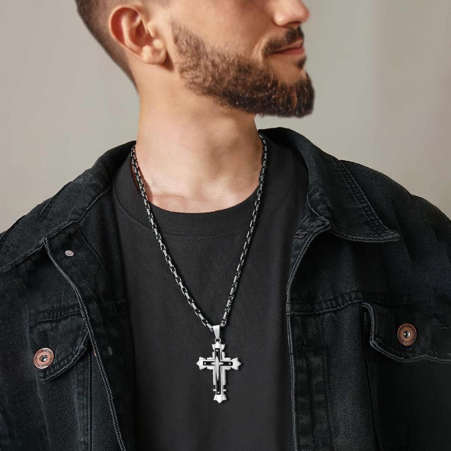 Kreuz Kette Herren Edelstahl Byzantinische Anhänger Jesus Schwarz Gold