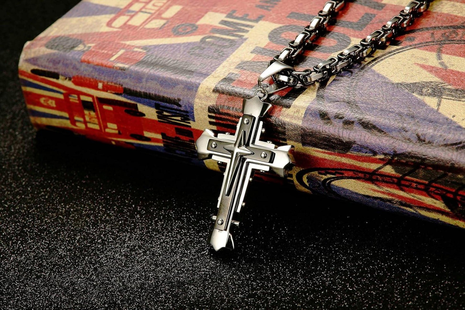 Kreuz Kette Herren Edelstahl Byzantinische Ketten Jesus Anhänger Schwarz Gold 71cm