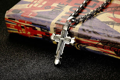 Kreuz Kette Herren Edelstahl Byzantinische Ketten Jesus Anhänger Schwarz Gold 71cm