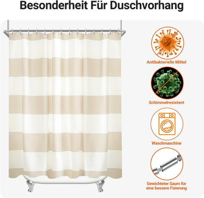 Duschvorhang Streifen Beige 120x180cm Antischimmel Textil wasserdicht mit Ösen